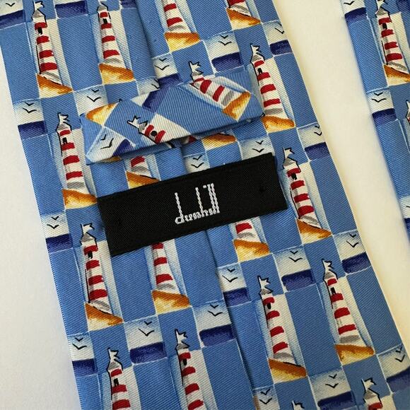 DUNHILL Neck Tie Mens Light Blue Geometric Light House Luxury Silk Preppy Work - Picture 6 of 9